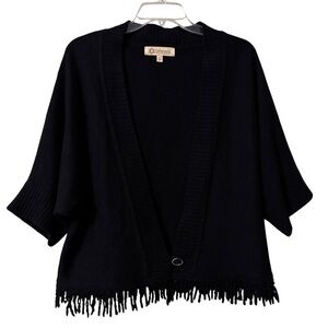 Democracy, black fringe open front 1 button cardigan Black Fringe Sweater XL